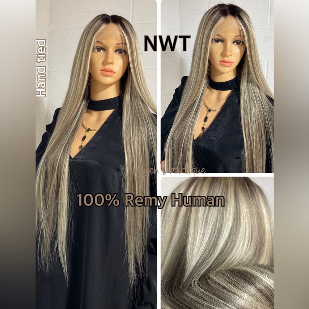NWT ash blonde human hair wig highlights 100%virgin Remy preplucked 13x4 T 32”